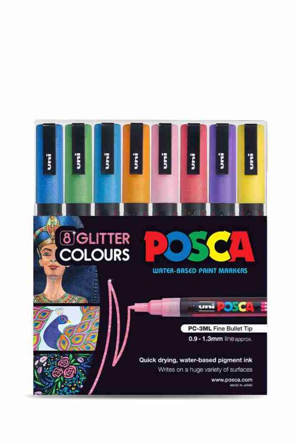 POSCA MARKERS FINE PC3M 0.91.3MM BULLET TIP GLITTER COLOURS 8 PACK