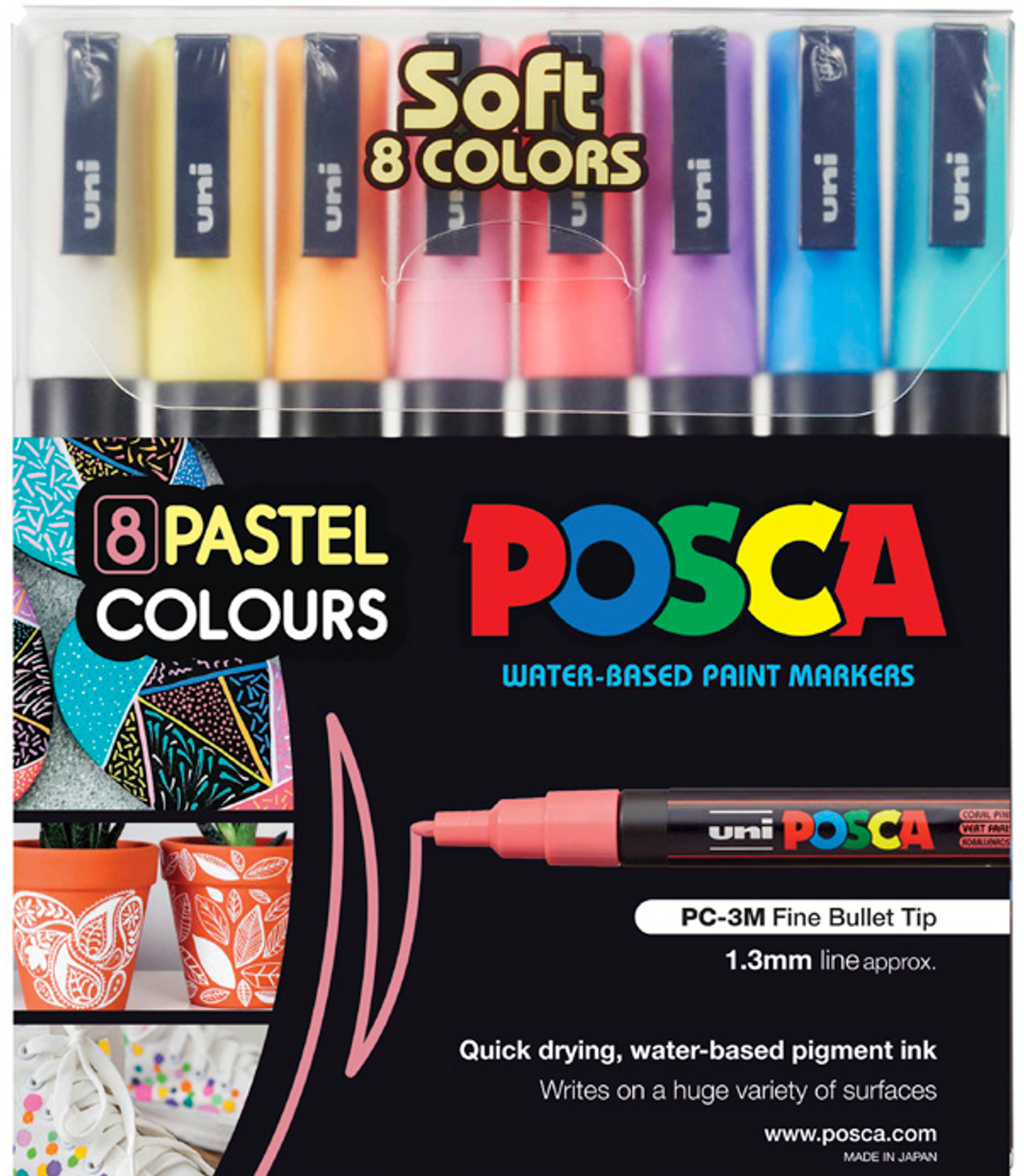 POSCA MARKERS FINE PC3M 0.9-1.3MM BULLET TIP SOFT COLOURS 8 PACK ASSORTED  SET - Picasso Art & Craft